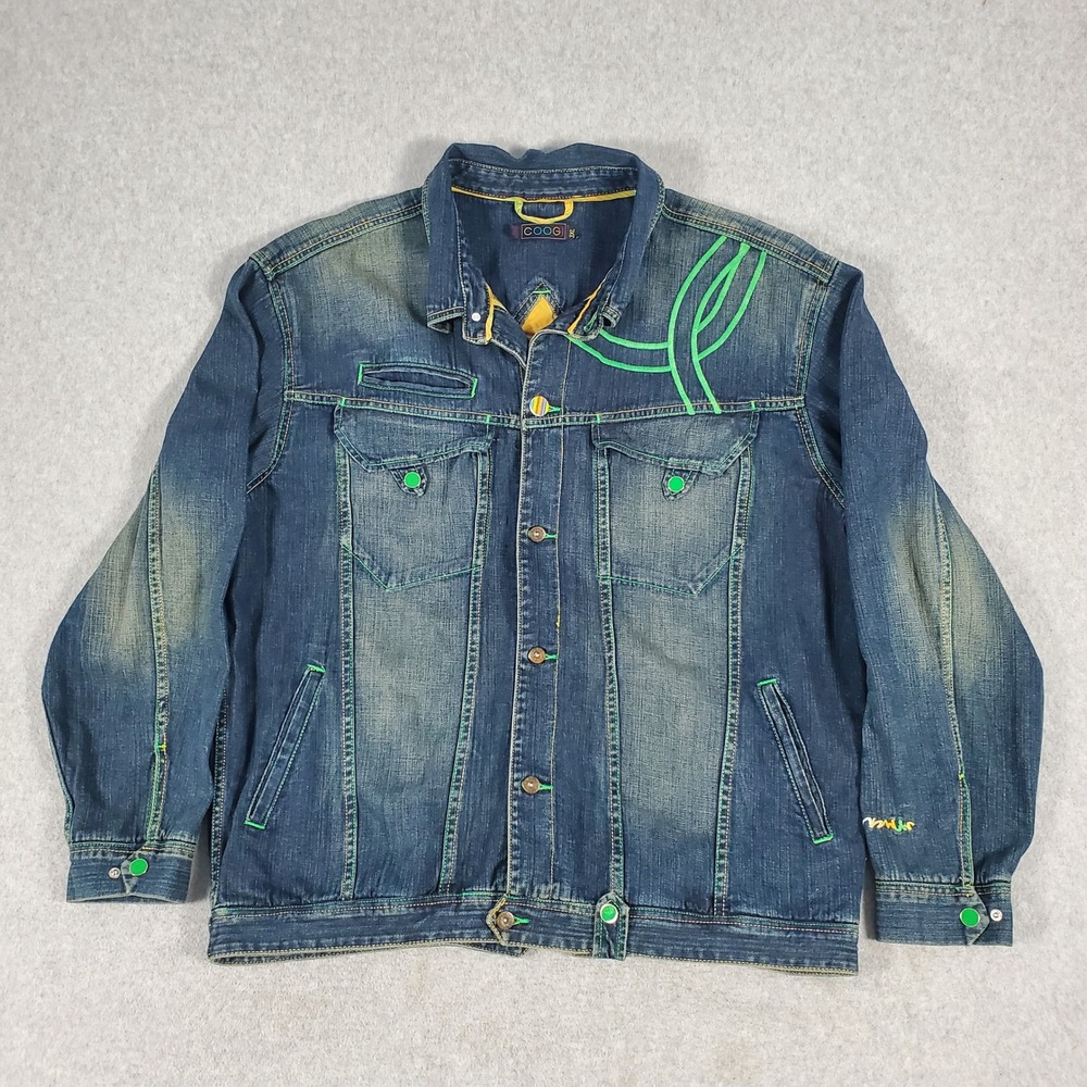 Coogi Denim Trucker Jacket Mens 3XL Blue Embroidered Hip Hop Streetwear Wash